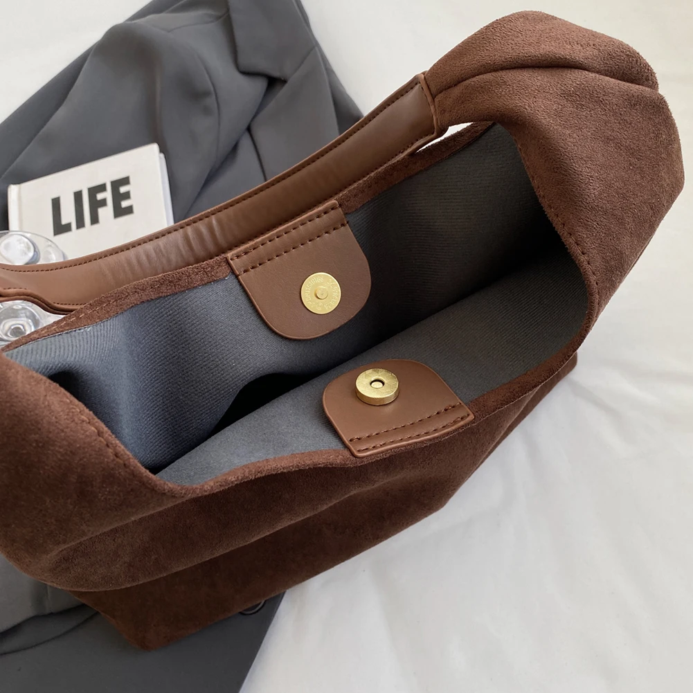 Women Suede Shoulder Bag Retro Single Shoulder Bag Large Capacity Trendy Work Hobo Solid Color Vintage Hobo Bag Top Handle Bag