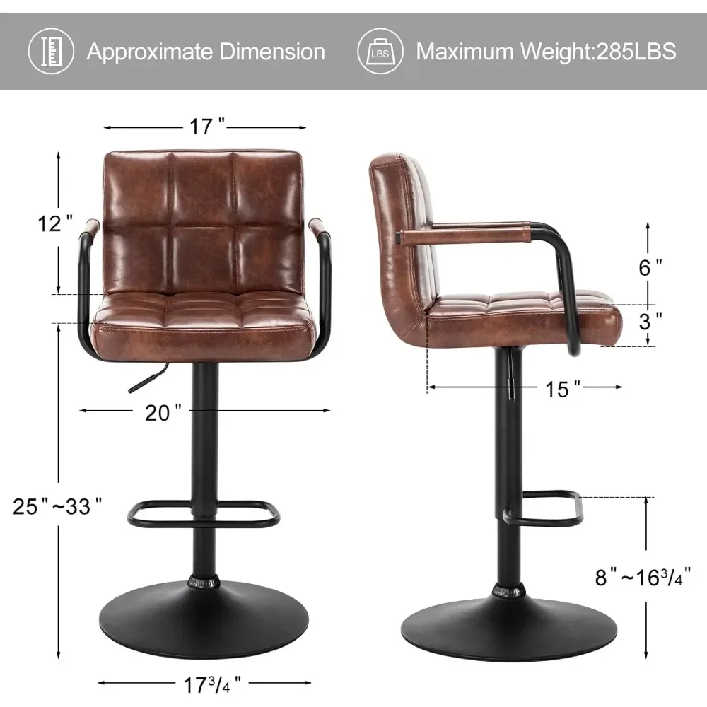 Ensemble de tabourets de bar en cuir, tabourets avec bras, tabourets de piste de bar à cussion, tabouret de bar pour Kitchen Island, 2 pièces