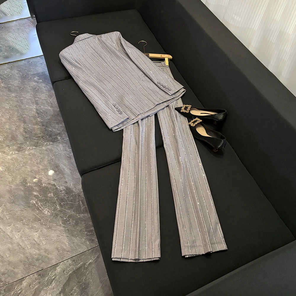 TWOTWINSTYLE Casual Stripe Two Piece Sets For Women Lapel Long Sleeve Top High Waist Pants Elegant Set Female Style KSE520662