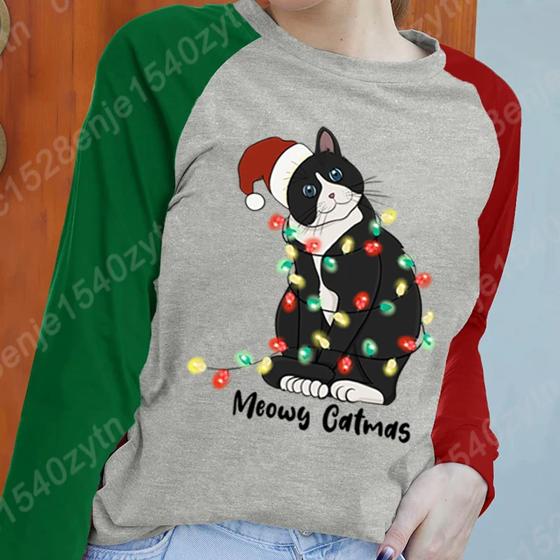 S-XXL Plus Size Tops Autumn And Winter Clothes Women Pullover Christmas Light Cat Meowy Catmas Print Ladies Pullover Sweatshirts