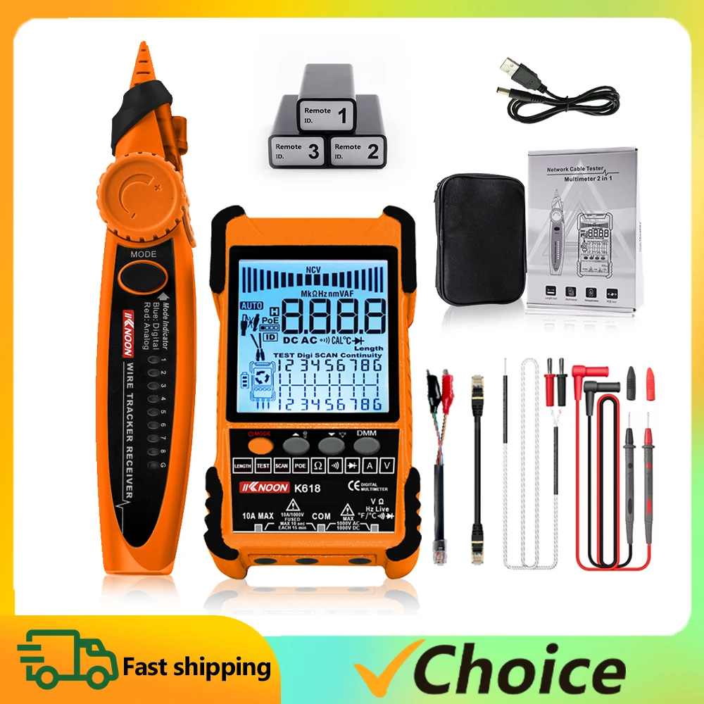 KKNOON K618 POE Test Cable Tester Short Open Circuit Measure Trackers Multifunctional Cable Tester with 3 ID Pairing Accessory