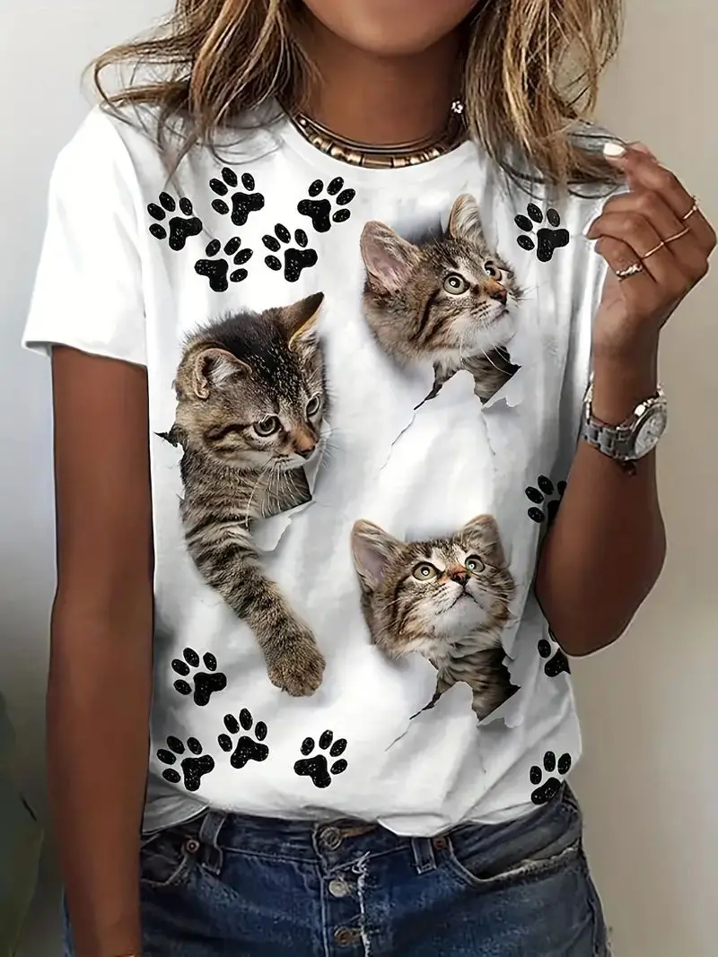 Trendy Women\'s 3D Cat Print Round Neck T-Shirt, Casual Loose Short Sleeve Summer T-Shirt Tops Comfortable Women\'s Short Sleeve