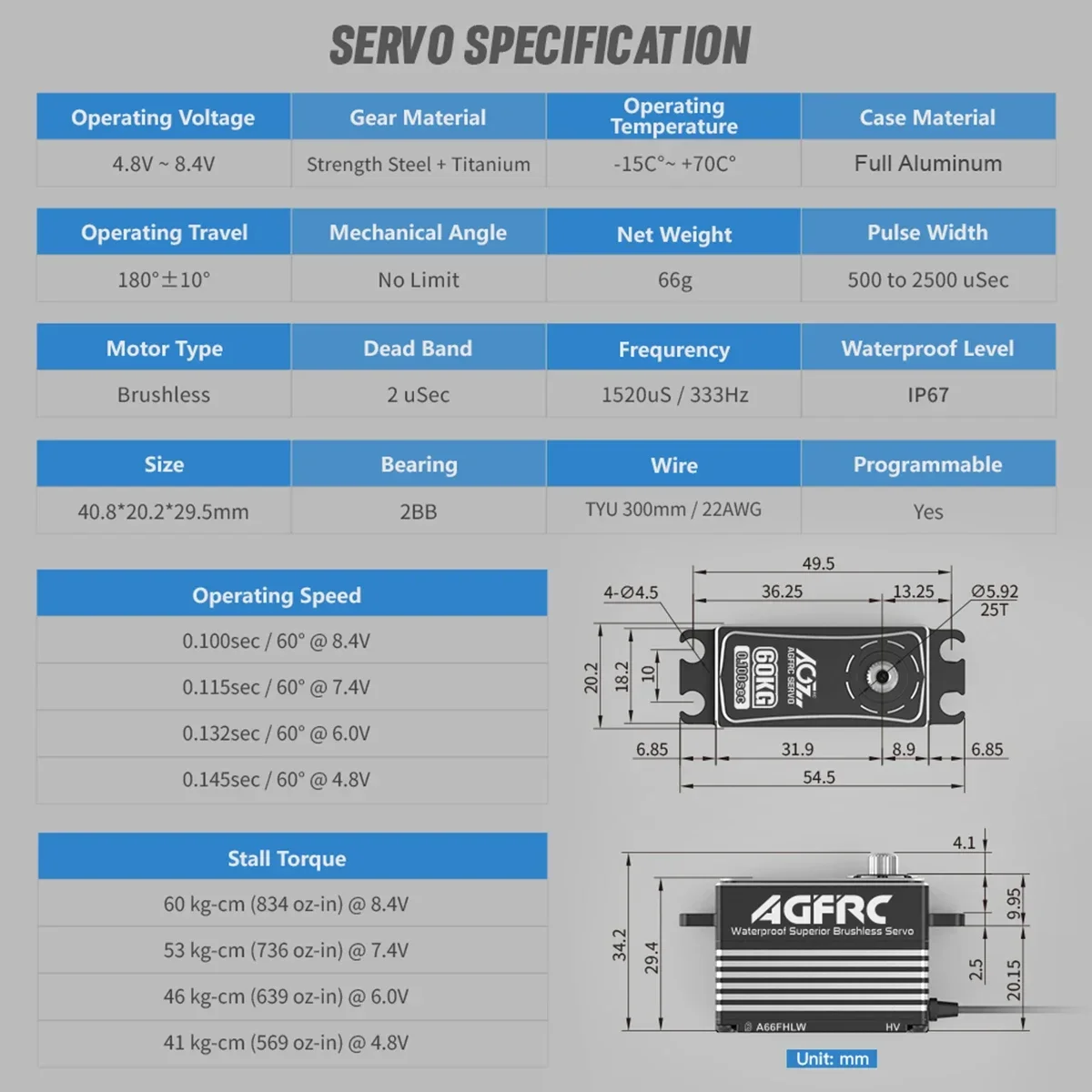 AGFRC-engrenagens de aço sem escova à prova d'água, A66FHLW, 60kg Super Torque, 0.100Sec, 4-Pole, Servo para a maioria dos carros RC, barcos, aviões, robôs