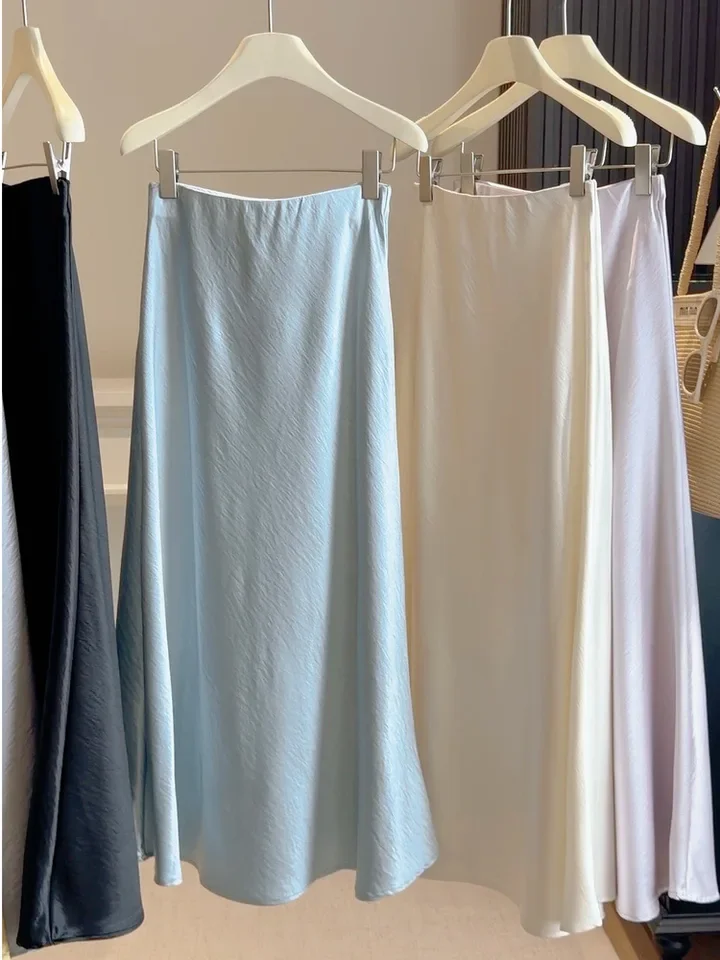 New 2026 Summer Luxury Satin Fishtail Skirt Women High-waisted Solid Elegant Fashion Slimming Bodycon Faldas