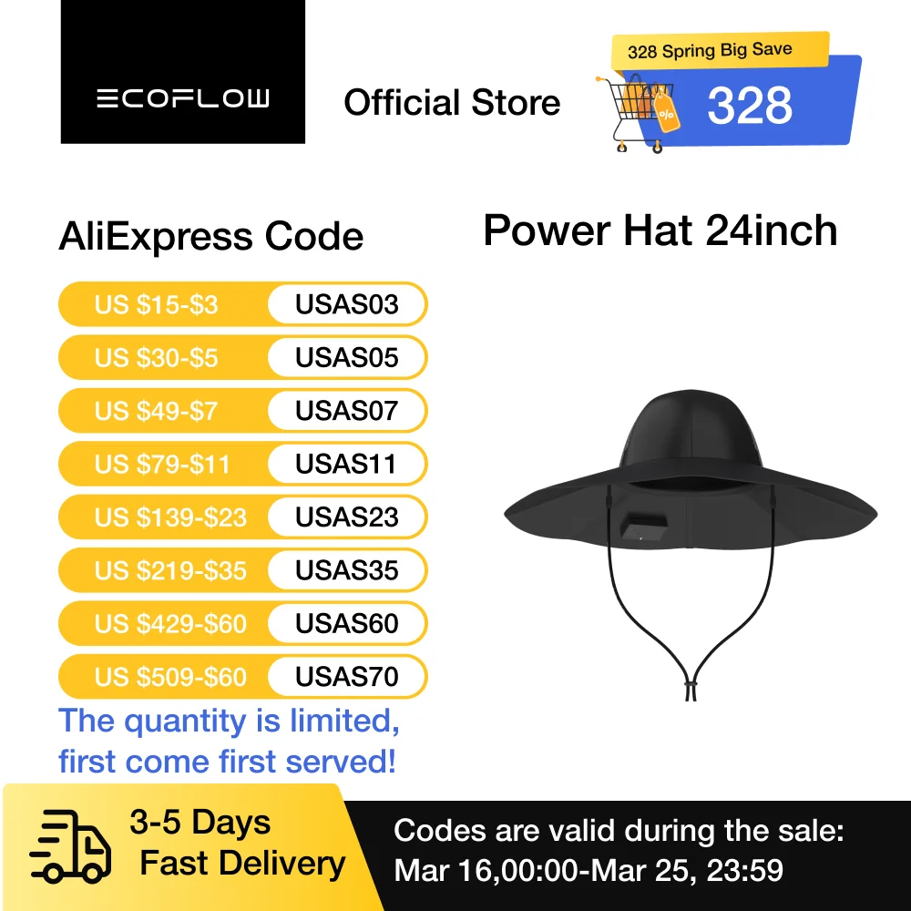 ECOFLOW Power Hat, Solar Charging Bucket Fishing Hat, Dual USB-A/USB-C Ports, SPF 50+ Wide Brim Sun Hats, XLarge 24 in, Black
