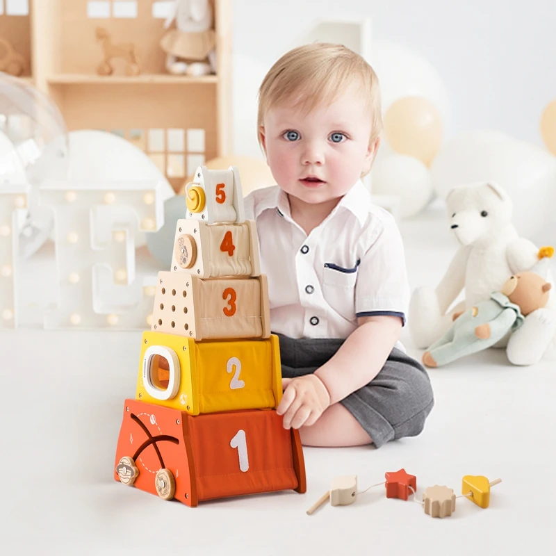 Baby Wooden Montessori Toys Rocket Building Blocks 5 Storey Stacking Puzzle Game Baby Wooden Early Education Toys Child Gift