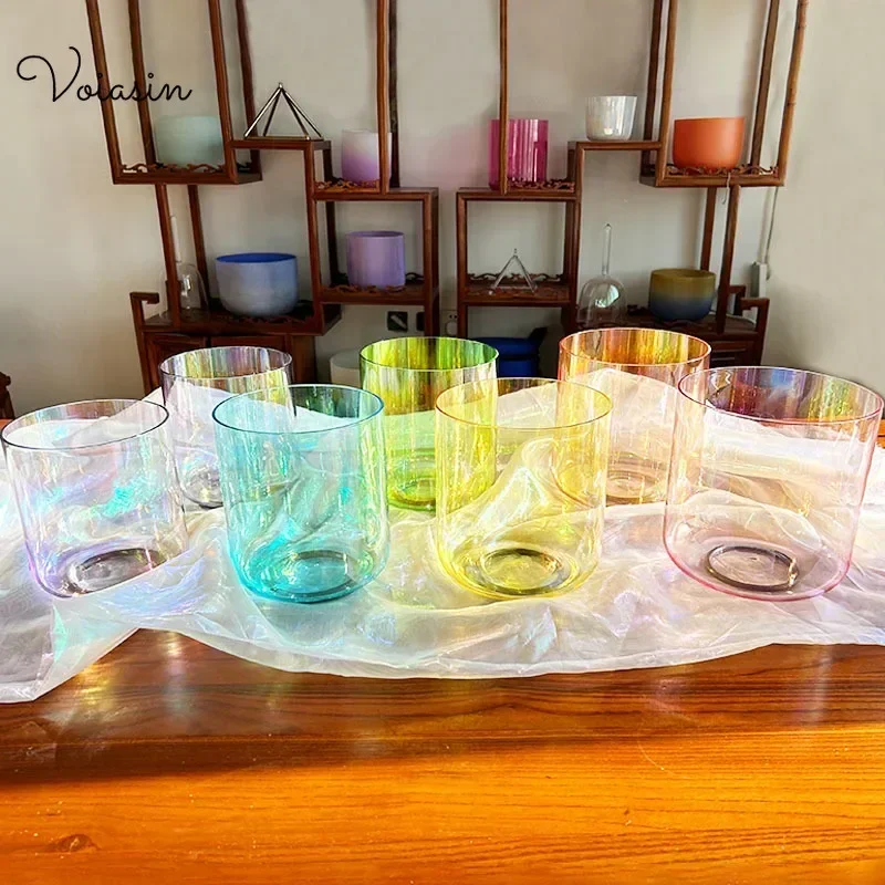 

7Pcs Set, Top Clear Cosmic Crystal Singing Bowl, Light Rainbow, High-end Sound Therapy, 5-8.75inch with Mallet,O-Ring,Bag Set