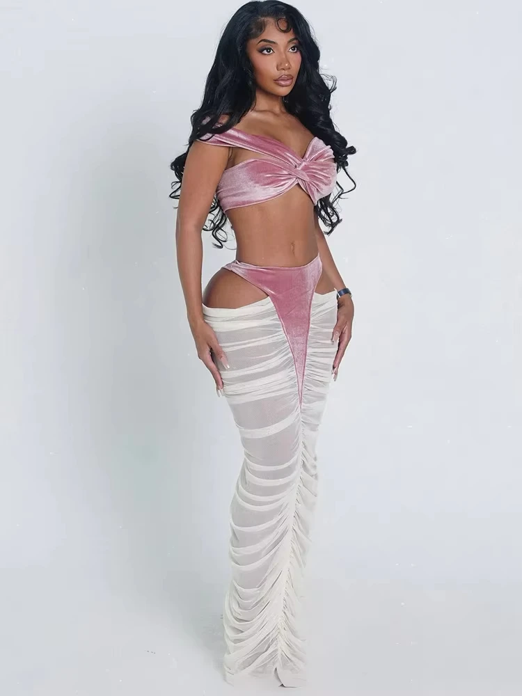 

Sexy Fashion 2 Piece Set Woman Velvet Cross Kink Tank Tops+Hollow Design Ruched Long Skirts Club Party Coquette Outfits