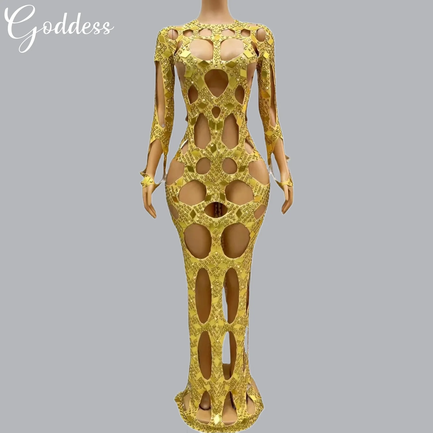 

Блестящее желтое искусственное платье из спандекса с перфорацией, женское платье для ночного клуба, сексуальное платье для дня рождения, оригинальный дизайн, dongdong