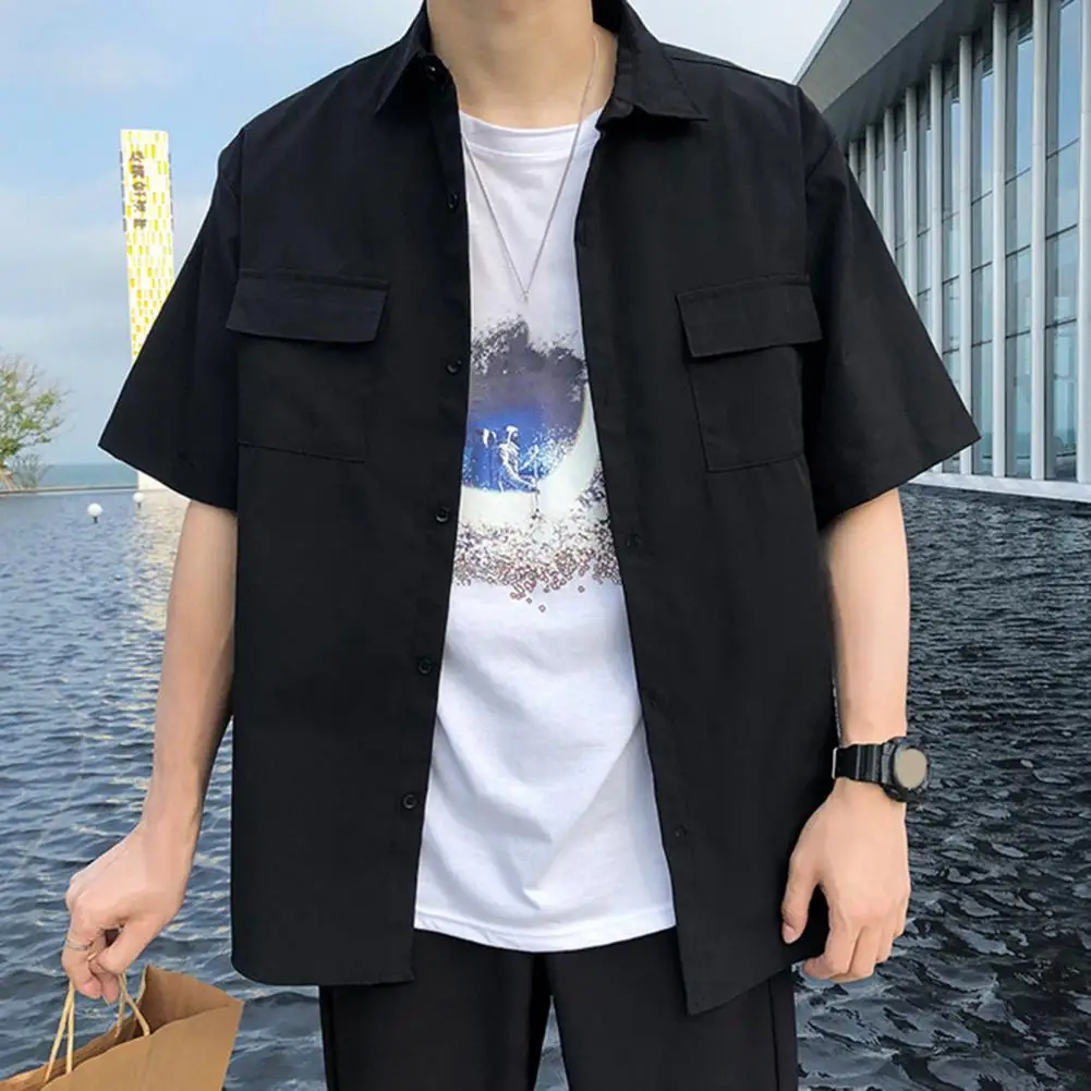 

Short-sleeved Shirt Men's Loose Fit Cargo Shirt Stylish Streetwear for Summer Spring for Office Commute Lapel Short Sleeve Shirt