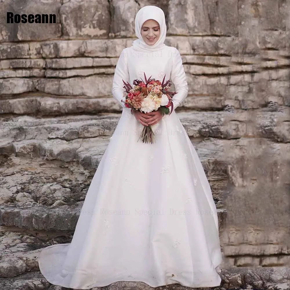 

Muslim Ivory 2024 New High Collar A-line Wedding Dresses Satin Brush Train Draped Pleat Floor Length Bride Dress robe de mariée