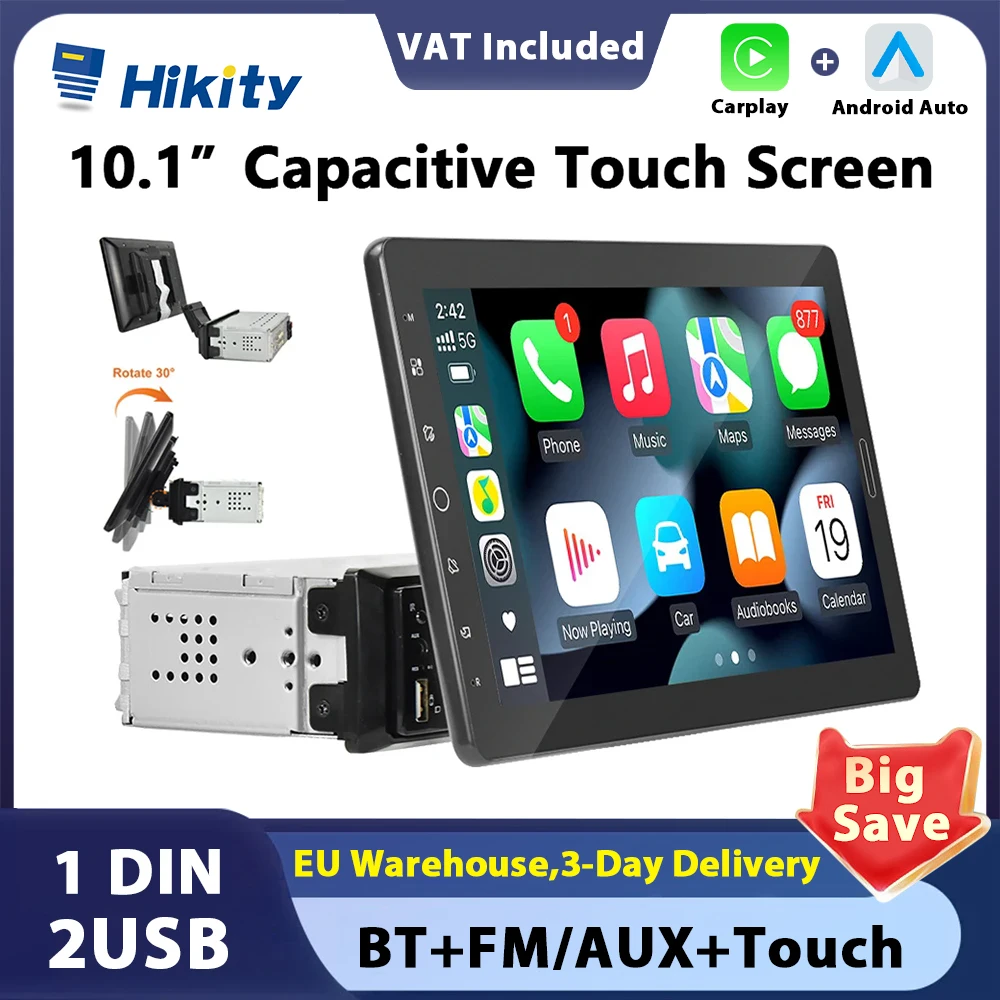 Hikity carplay 10.1'' HD Touch Screen Car radio support Mirror Link FM Radio GPS Navigation FM 1 DIN autoradio