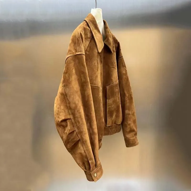 Naturalna kurtka damska z prawdziwej owczej skóry, płaszcz jesienno-zimowy, krótki, zamszowa skóra, kołnierz wykładany, odzież wysokiej jakości.