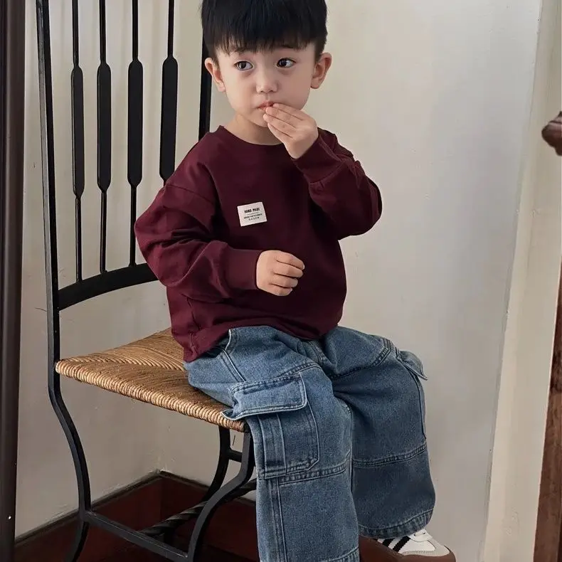 Boys Pocket Jeans Loose and Simple Casual Straight Leg Pants Spring and Autumn Boys