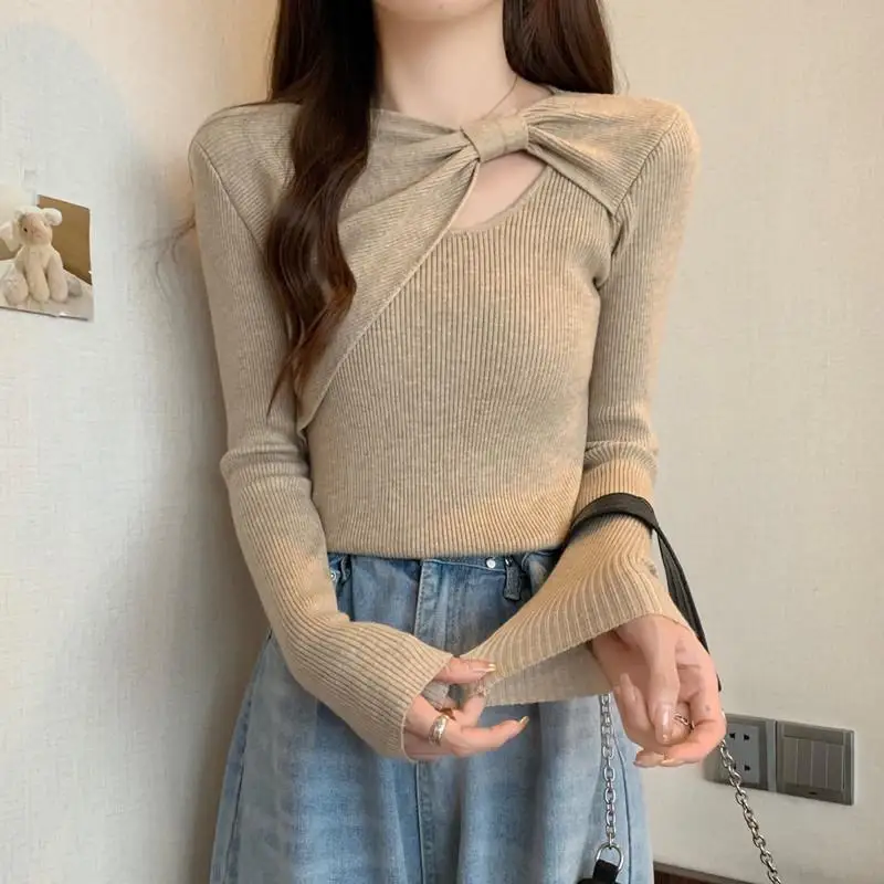 

French Style Hollow Out Pullovers Women's Clothing Fashion Bow Slim Autumn Winter Basic Solid Color Knitted Long Sleeve T-shirt