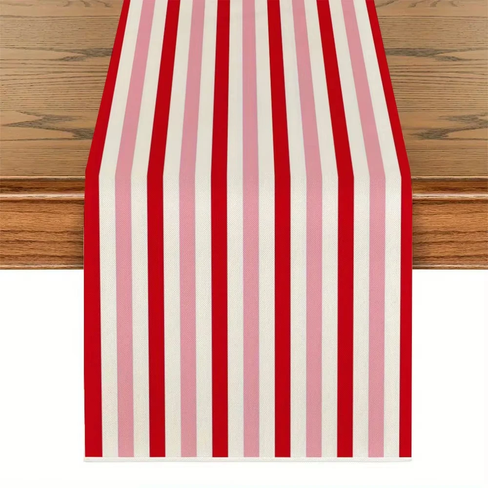 

Merry Christmas Striped Linen Table Runner - Red Pink Beige | Winter Festive Decor for Kitchen Dining Table & Party