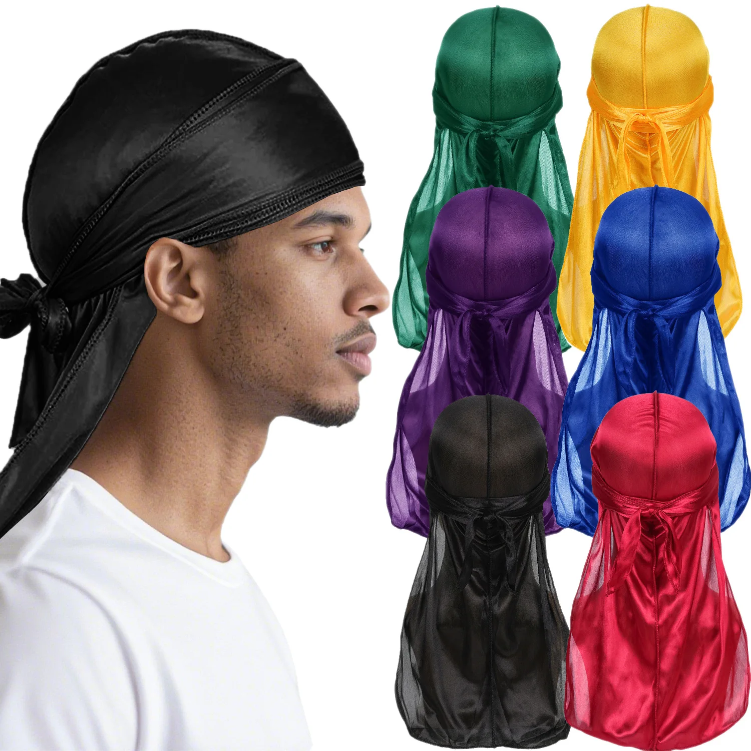

Men Satin Breathable Silky Durag Long Tail Doo Rag Pirate Hat Headband Turban Bandana Durag HeadwearMen Women Hair Accessories
