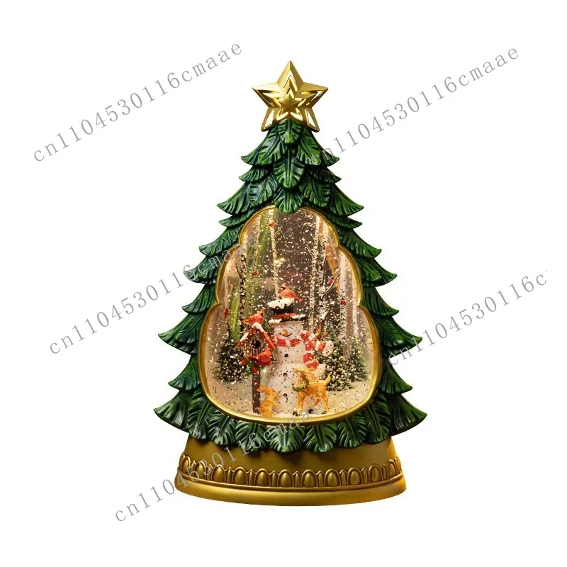 Echo resin LED music Christmas music box with rotating Christmas tree, Santa scene, animated snowman and deer decoration
