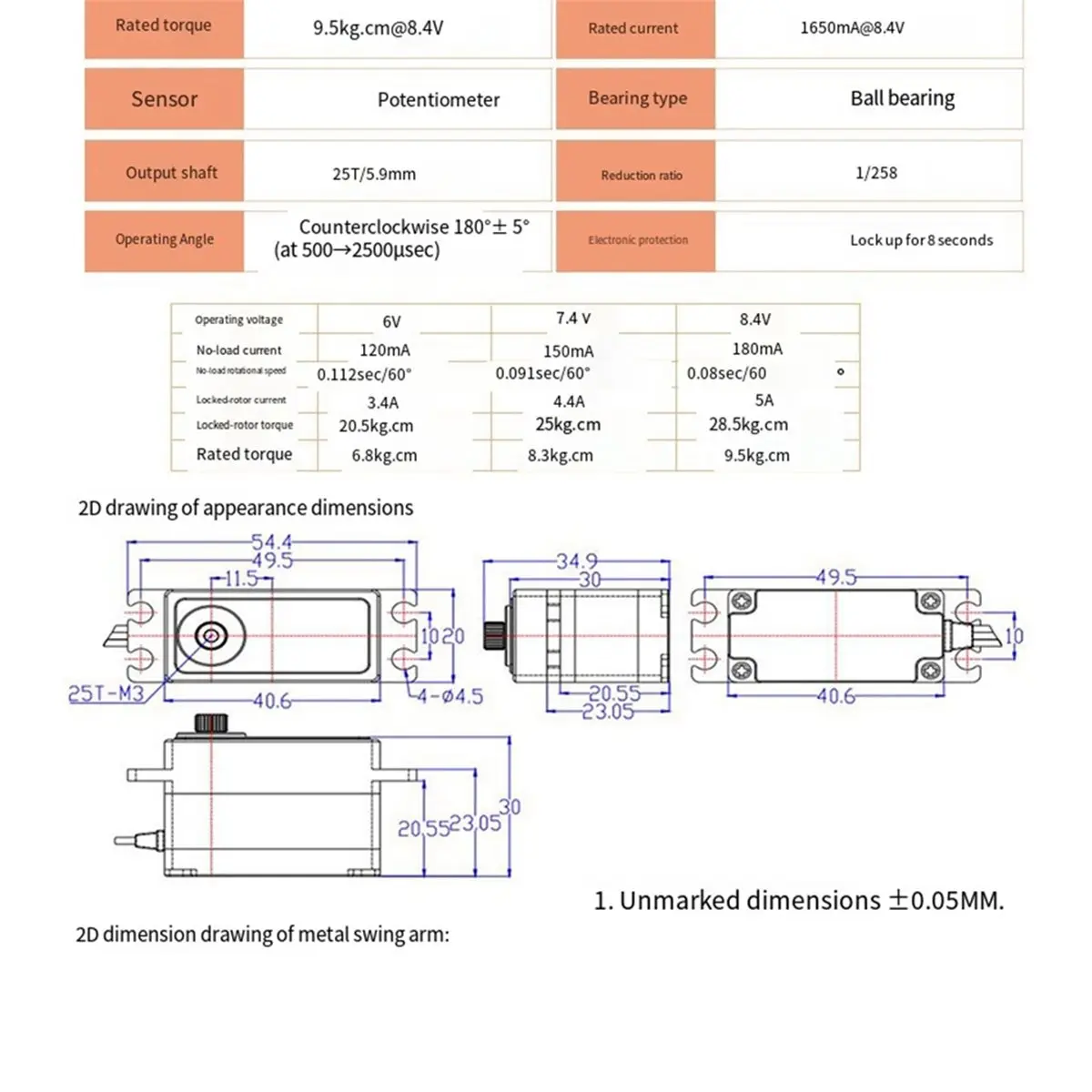 25KG High Torque RC Digital Servo Motor Waterproof Full Metal Gear Servo with 25T Servo Horn for RC Model RC Car