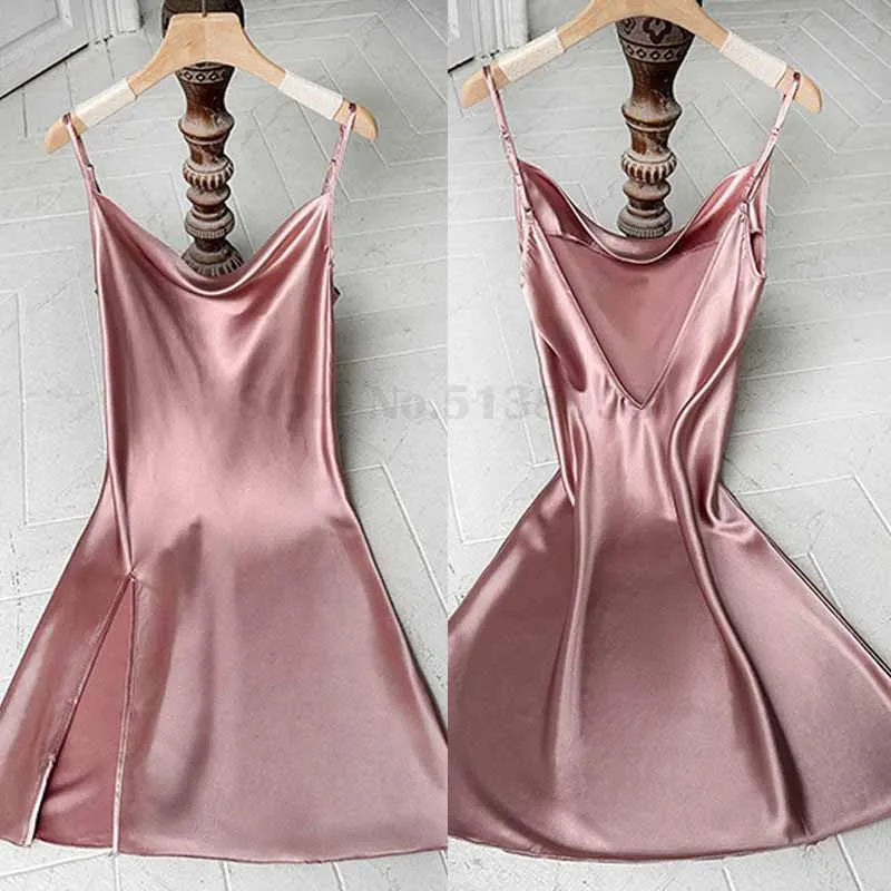 

Pink Satin Sexy Split Sleep Shirts Intimate Lingerie Nightgown Women's Loose Casual Home Wear Spaghetti Strap Chemise Nightdress