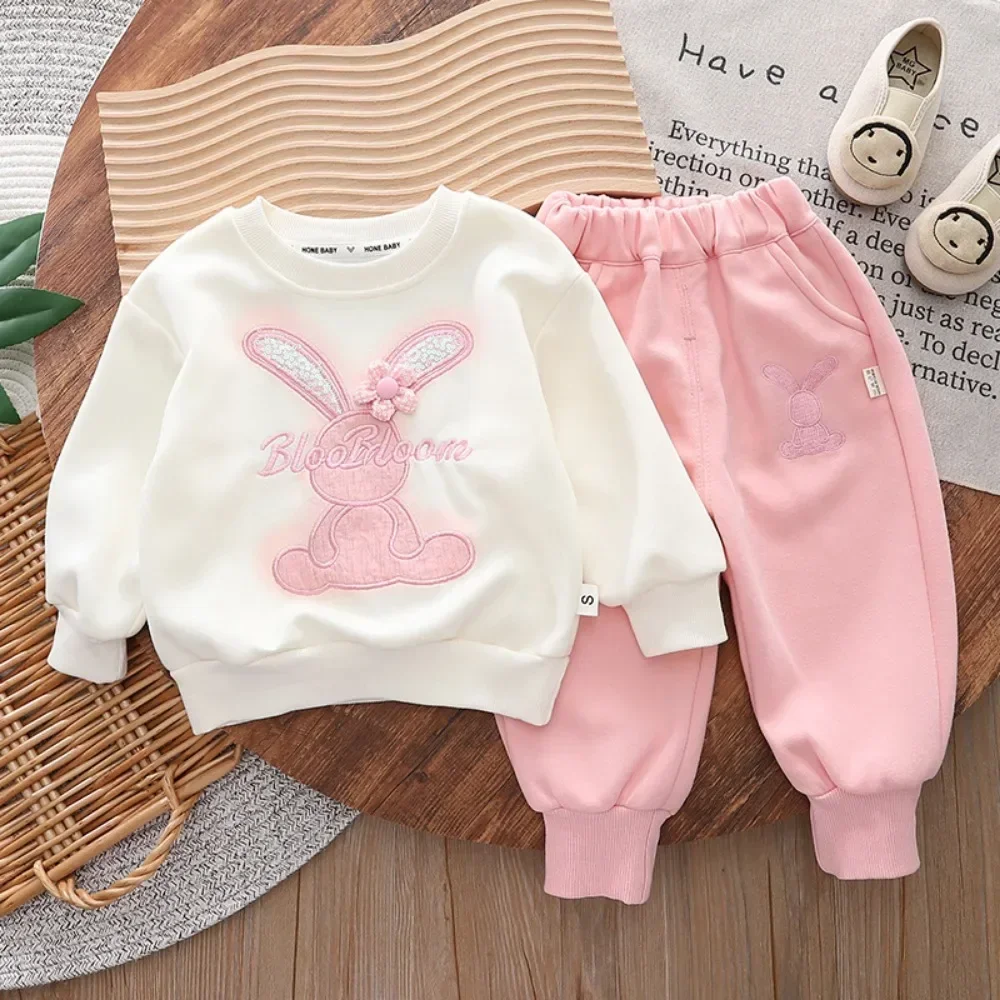 Girl Clothes Autumn and Winter Sweater Two Piece Set Cartoon Rabbit Flower Letter Top+Solid Color Pants Children's Sets