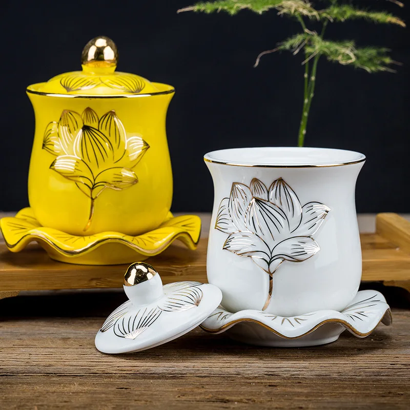 Cz ceramic water purifying cup with lid and base, white embossed lotus design with gold trim, for buddhist offerings and tea