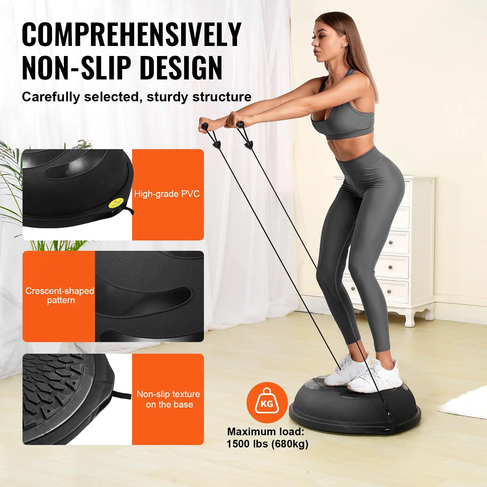 Half Balance Trainer Ball with Resistance Bands and Foot Pump 26 Inch 1500 lb Capacity Stability Ball for Strength Training Yoga and for home Fitness Workouts Black