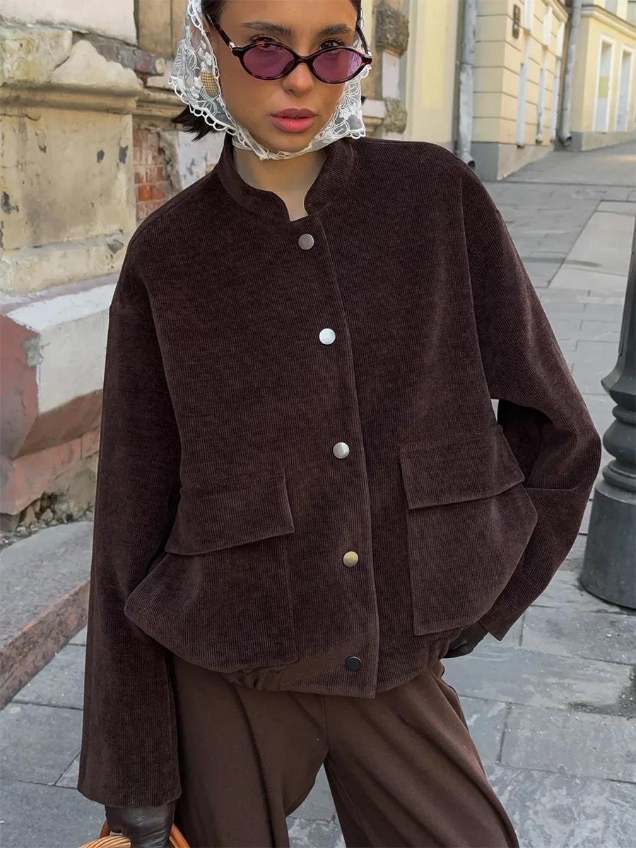 Wolfeel Women's New Autumn 2025 Brown Corduroy Jacket Stand Collar Trendy Loose Fit Single Breasted Long Sleeve Fashion