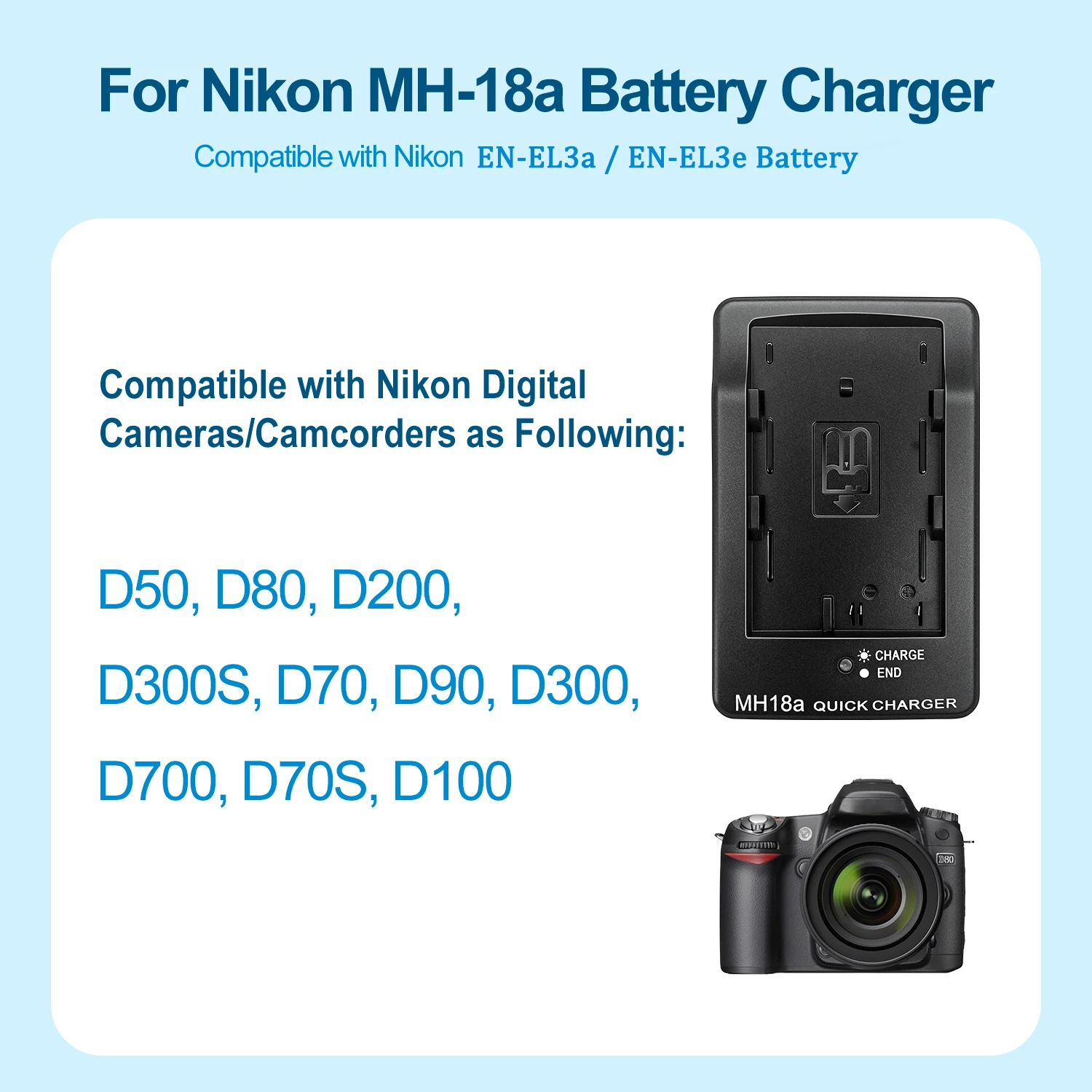 MH-18a Batterieladegerät für Nikon EN-EL3e ENEL3E Akku für D50 D70 D70S D80 D90 D100 D200 D300 D300S D700 Kamera – Detail 3