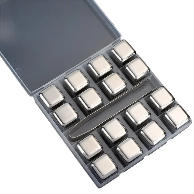 

ABRB-Whiskey Stones 16PCS Metal Ice Cubes Reusable Stainless Steel Waterless Chilling Blocks With Ice Tongs& Storage Box