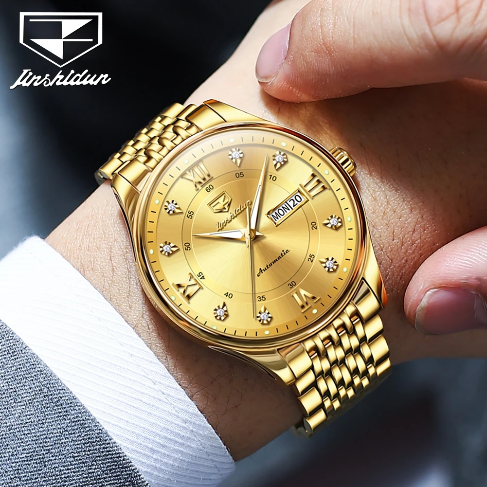 JSDUN Original Fashion Automatic Mechanical Watch for Men High Quality Luxury Gold Wristwatch Man Calendar Luminous Men\'s Watch