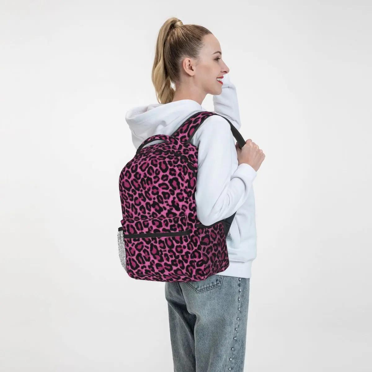 Funky Leopard Print Backpack Women Men Pink Black Spots Backpacks Polyester Cute School Bags Travel Designer Rucksack