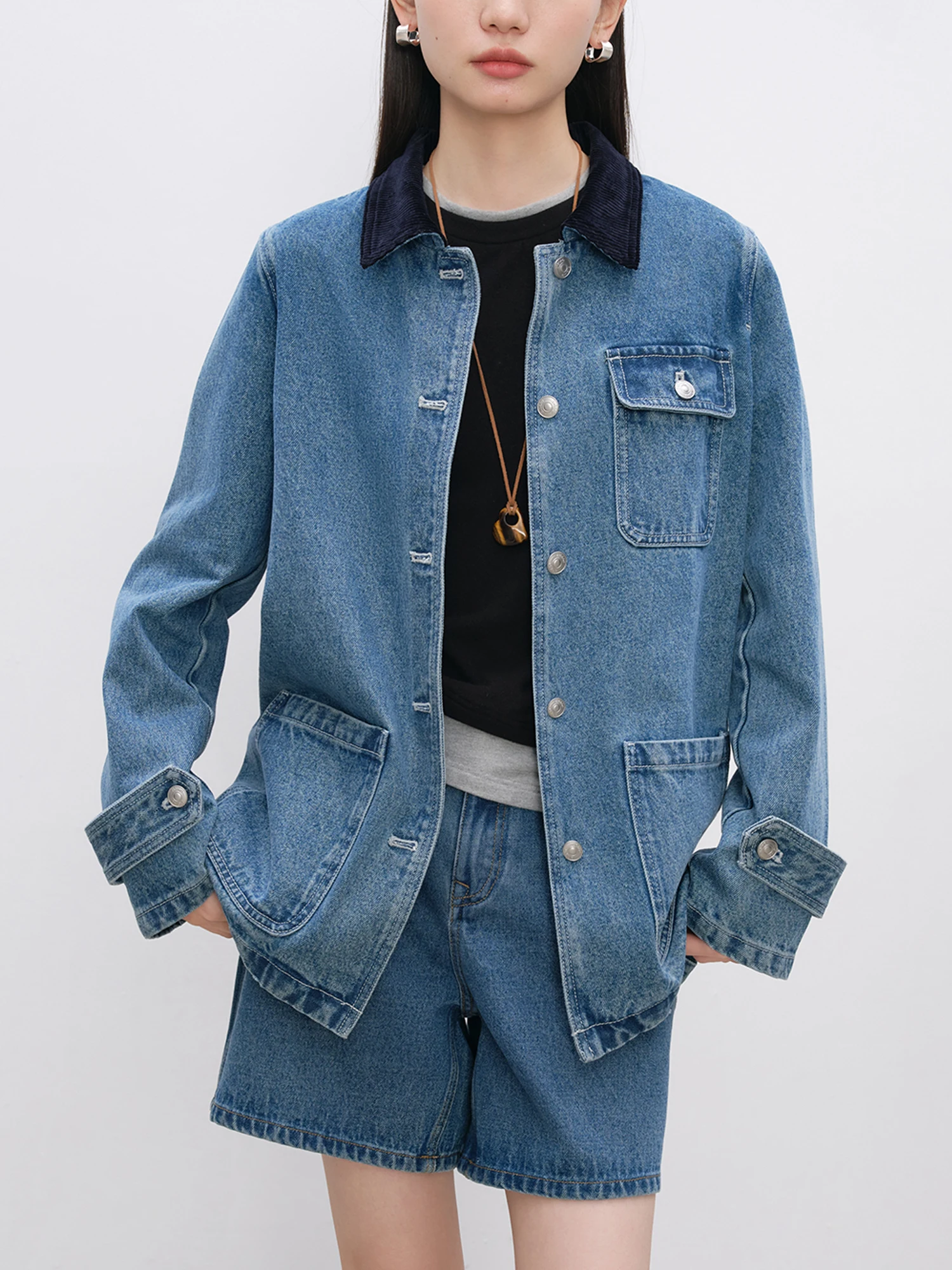 ZIQIAO Women Denim Blue Coat Polo Neck Patchwork Design Female 2024 Winter Casual Straight 100% Cotton Jackets 24ZQ93040