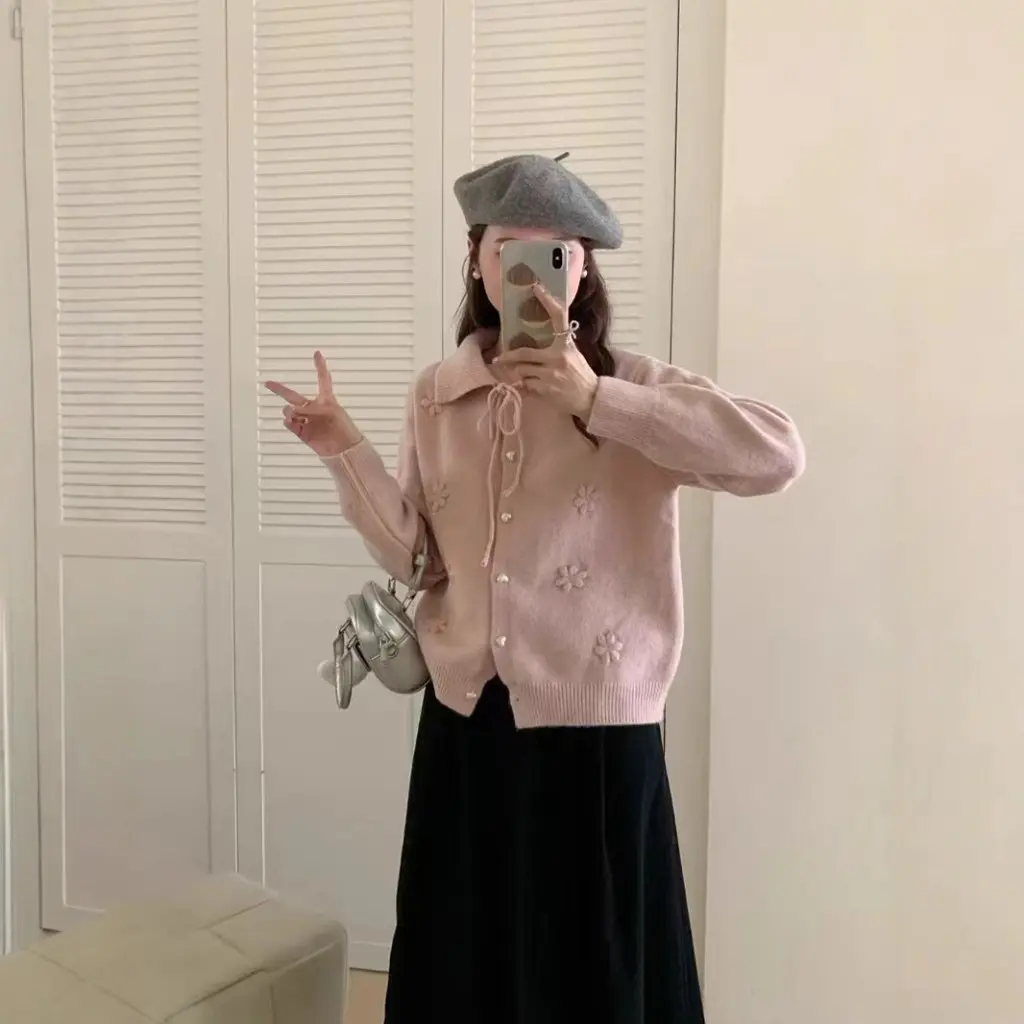 

Design Sense Women's Long-Sleeved Knitted Coat Solid Color Crochet Lace-Up Simple Korean Style Top for Ladies