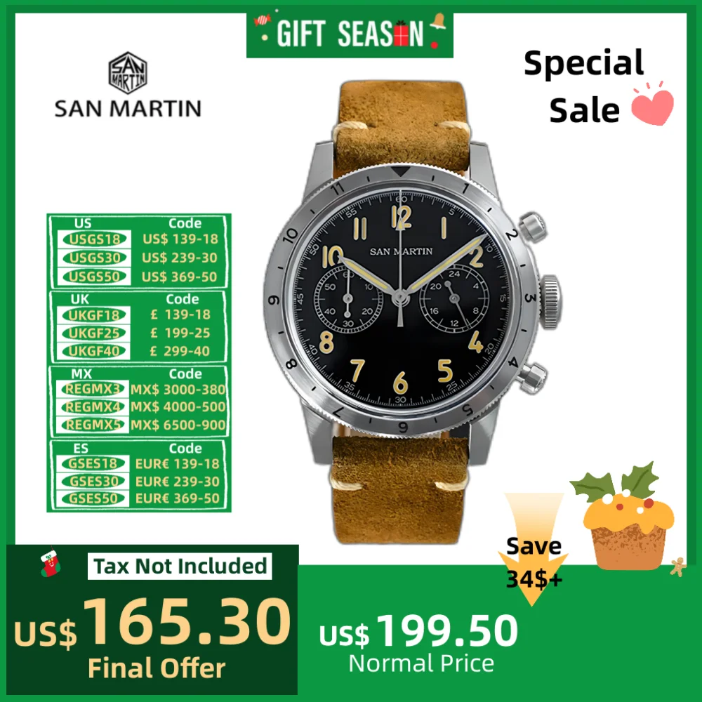 San Martin 39.5mm VK64 Men Speed Chronograph Watch Quartz Wristwatch Vintage C3 Suede Leather Strap Pilot 10Bar Reloj SN0127JS