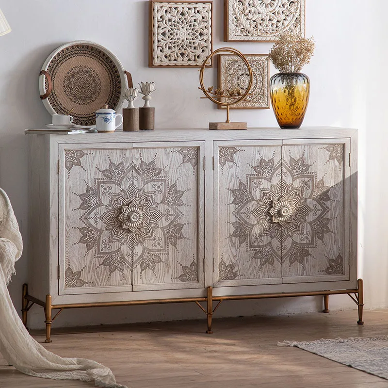 

French retro and old solid wood dining side cabinet, homestay small apartment household storage cabinet, entrance hall shoe cabi