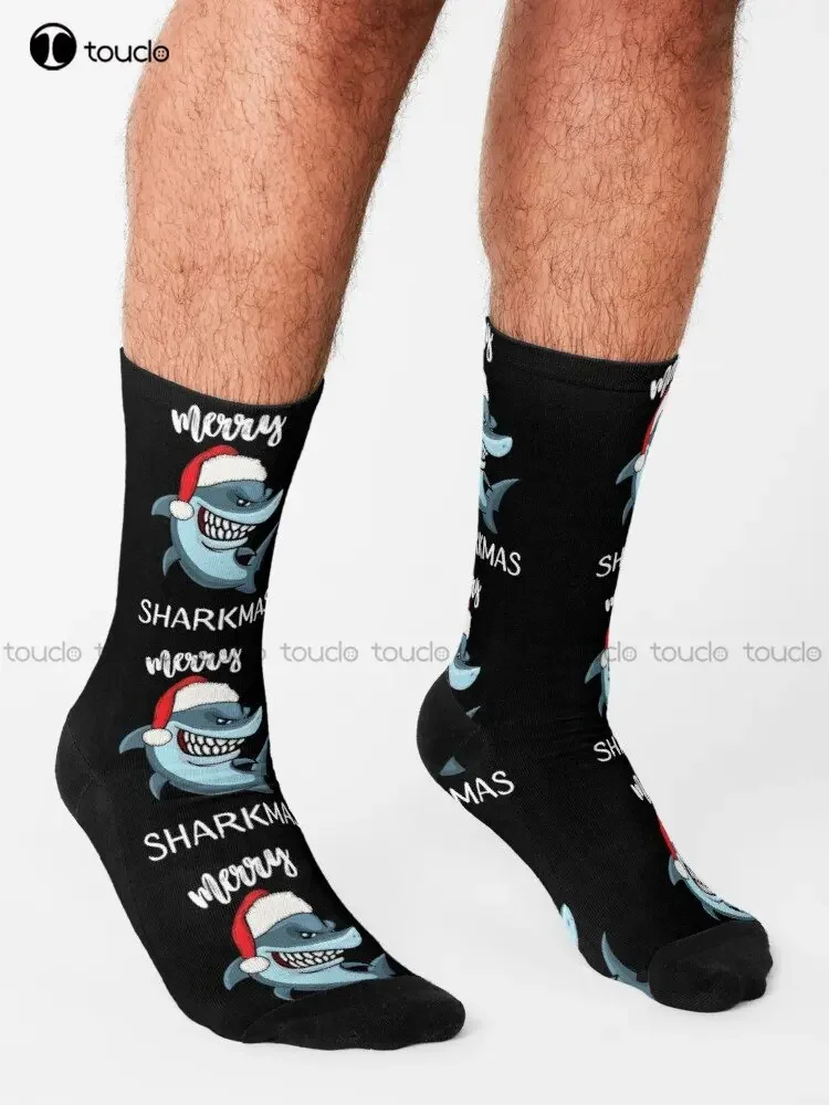 Merry Sharkmas Funny Santa Shark Christmas Socks Volleyball Socks Personalized Custom Unisex Adult Teen Youth Socks Custom Gift