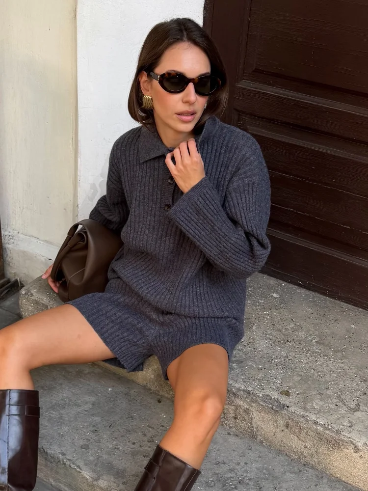 Women Solid Ribbed Knit Matching Set Button Polo Collar Long Sleeve Sweater Elastic Waist Shorts Loose Fit Street Casual Outfits