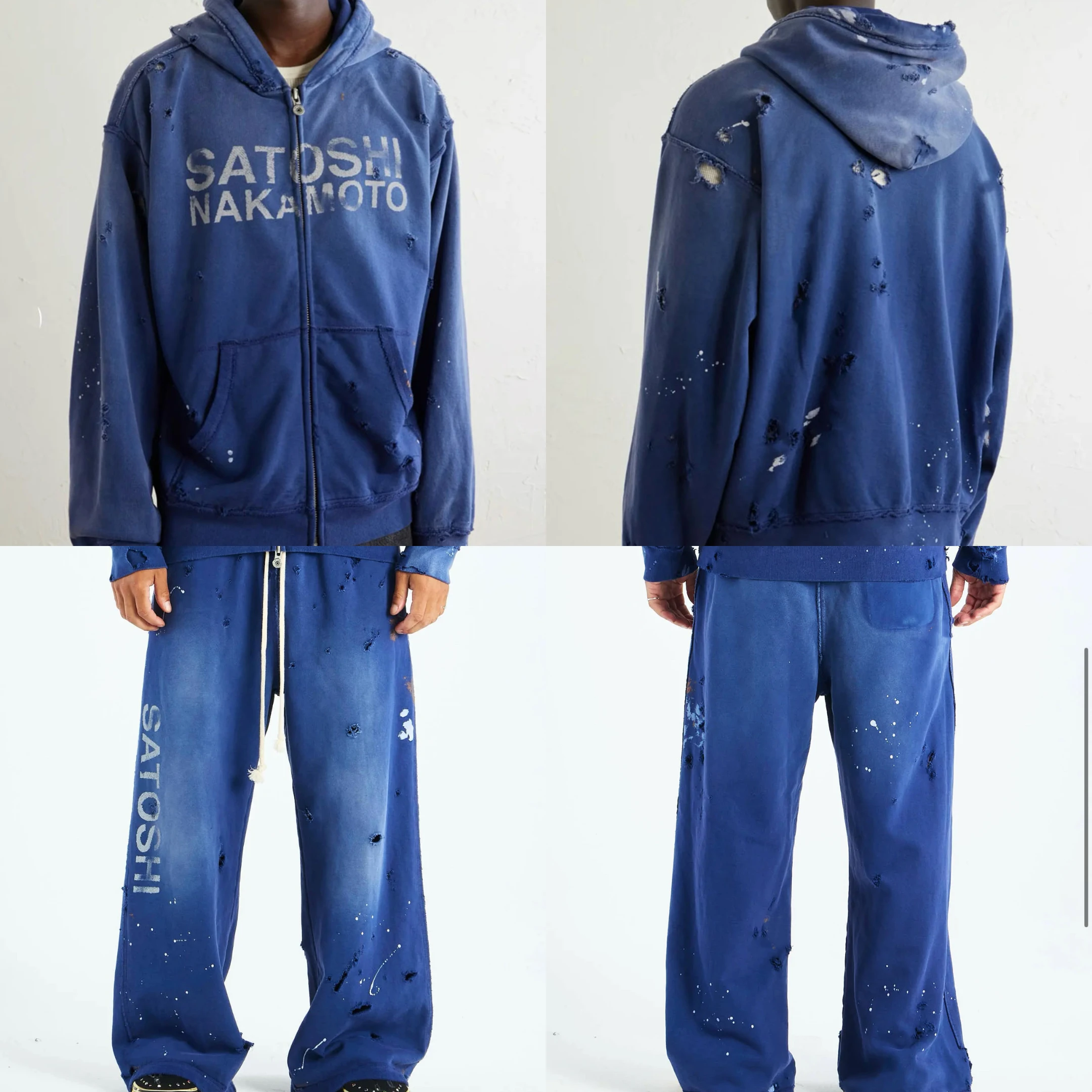 Washed Blue Distressed Satoshi Nakamoto Zip Hoodies Sets High Street Vintage Splash Worn Out Wide Leg Trousers 2 Piece Outfit