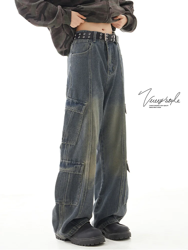 

Винтажные мужские джинсы для рабочей одежды в американском стиле, весенне-осенние свободные повседневные дышащие джинсовые брюки с прямыми штанинами и несколькими карманами