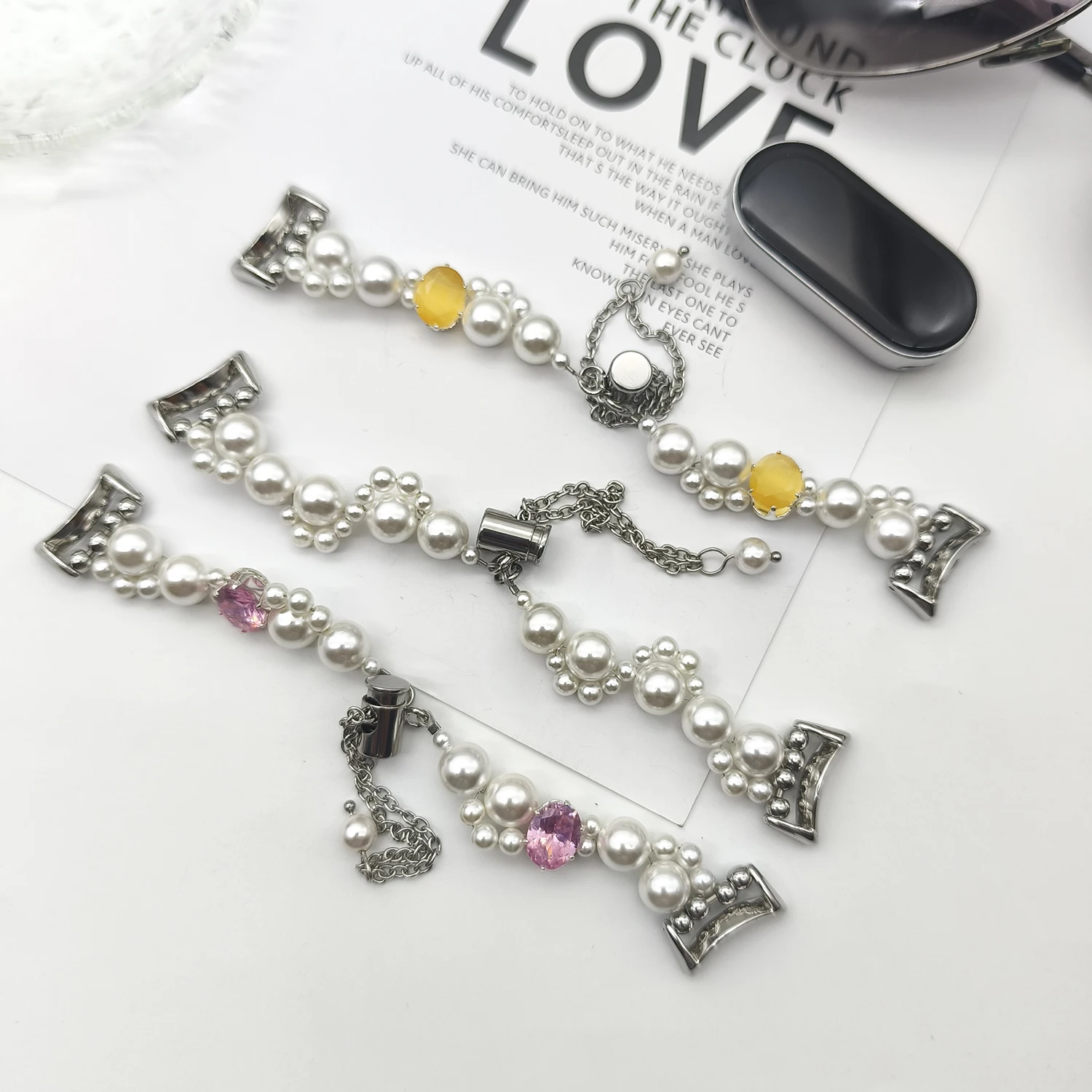 Sparkling Diamond Pearl Bracelet Strap for Xiaomi Band 10 8/9 Pro Girls' Strap for Huawei Band 8/9/10 for Redmi Watch 4/5