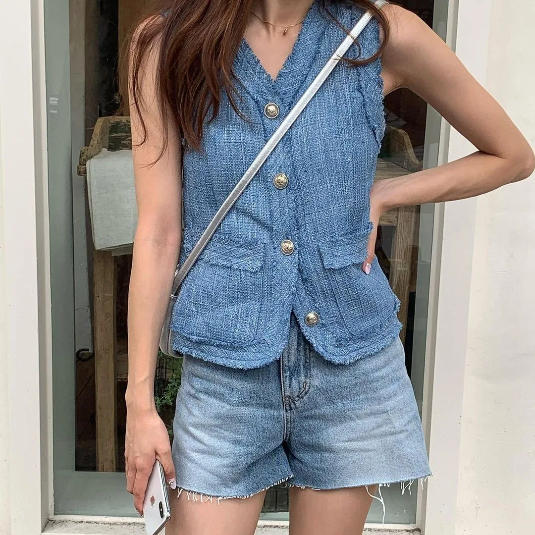 

Fashionable Casual Style Women's Vest Top Breathable Thickened Weave Two-color Summer New Arrival Elegant Girl's Jacket