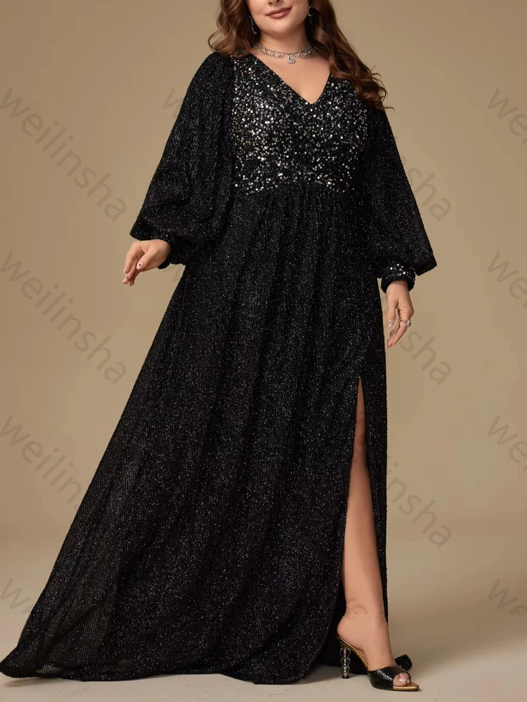 Abiti da Sera Personalizzati con Scollo a V e Maniche Lunghe a Lanterna con Paillettes, Eleganti Abiti da Celebrità, Raffinati Vestiti da Cerimonia di Alta Qualità