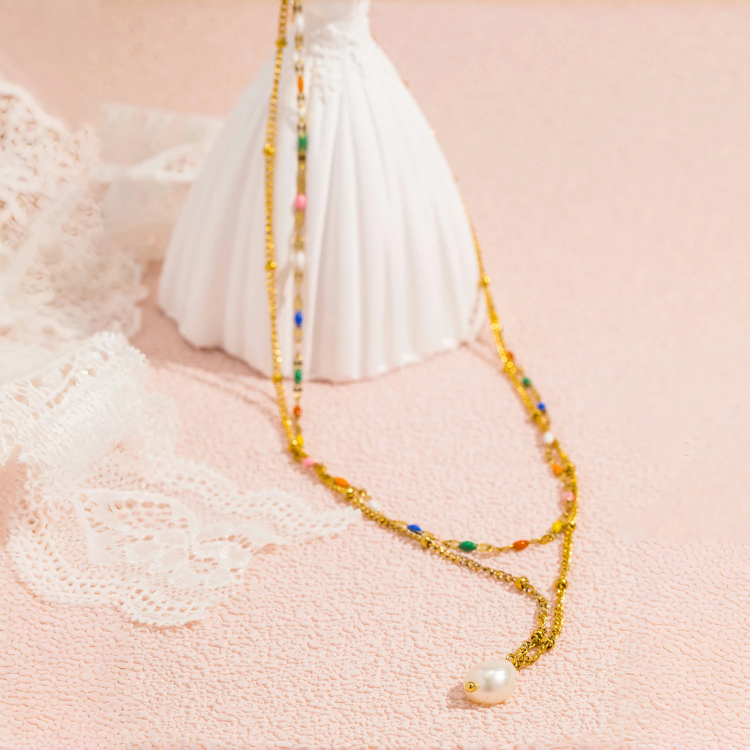 UHBINYCA Double-layer Layered Necklace for Women, Stainless Steel Chain Pearl Charm Pendant Necklace for Daily Jewelry