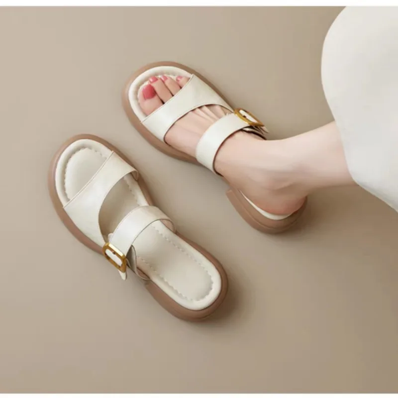 Belt Buckle Low Heel Straight Slipper Women 2026 Summer New Casual Outerwear Retro Thick Soled Roman Sandals Shoes Women