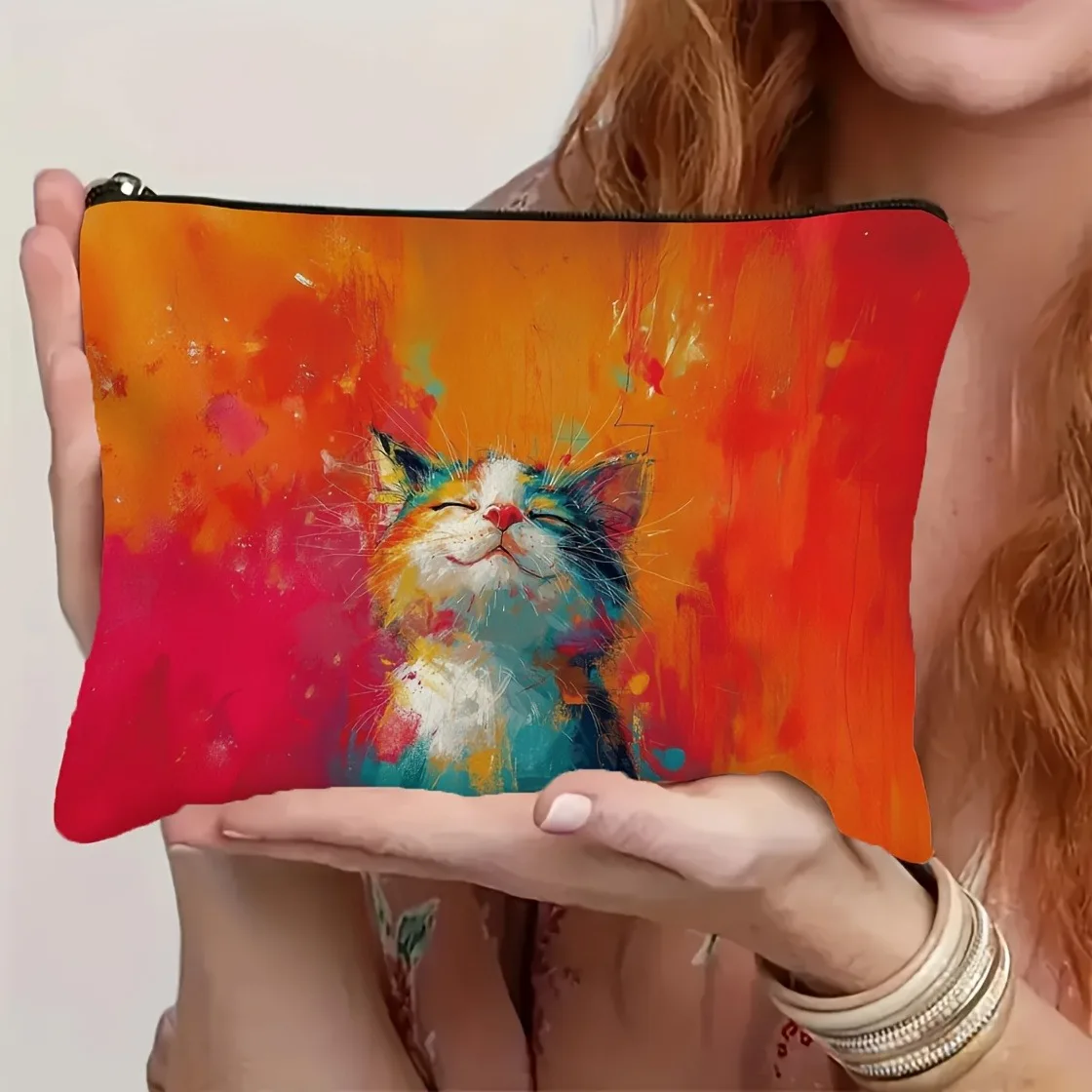 A Makeup Bag Featuring Happy Cat Whiskers Cosmetic Bag Lightweight Foldable Makeup Organizer with Zipper for Travel Storage Bag