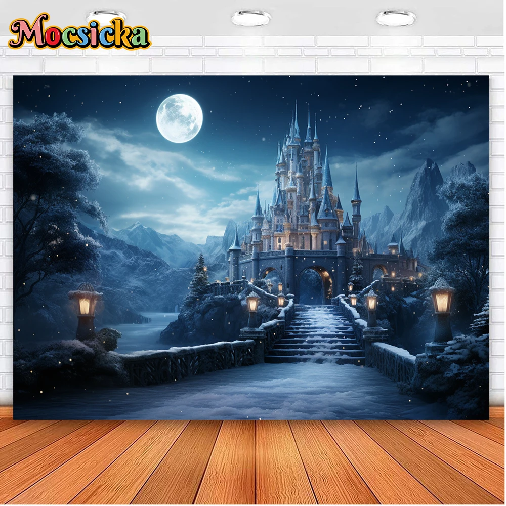 Mocsicka Winter Christmas Photography Background Princess Castle Moon Holiday Party Family Adult Photo Backdrops Studio Props