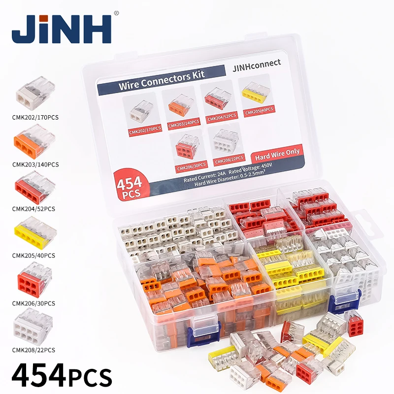 

JINH 454 Pcs CMK 20 Mini Quick Wire Connectors 2/3/4/5/6/8 Ports Nuts Assortment Pack Hard Stainless Easy Electric Quick Push-In