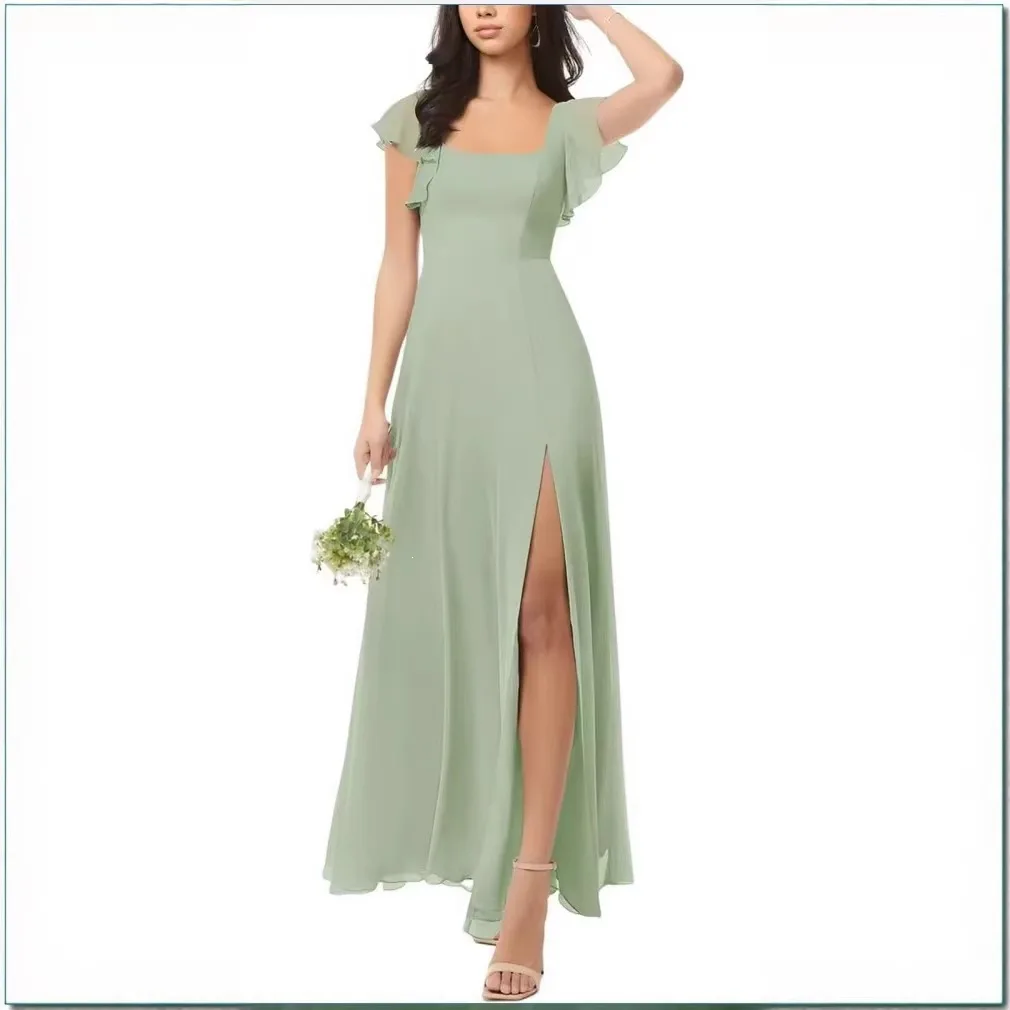 Abito da damigella d'onore QMANSHA in chiffon con scollo quadrato, maniche corte a volant e spacco laterale alto, lungo fino ai piedi