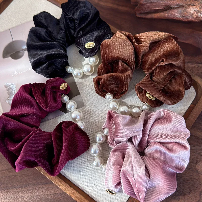 Retro Luxury Velvet Pearl Hair Scrunchies High Elastic Headbands for Womens Elegant Hair Band Female Ties Ponytail Head Rope New